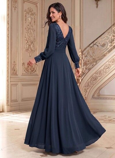 Elegant A-Line V-Neck Long Sleeves Floor-Length Chiffon Mother Of The Bride Dresses