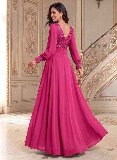 Elegant A-Line V-Neck Long Sleeves Floor-Length Chiffon Mother Of The Bride Dresses