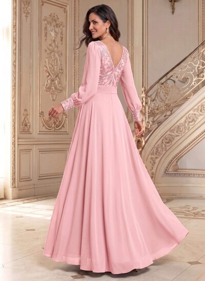 Elegant A-Line V-Neck Long Sleeves Floor-Length Chiffon Mother Of The Bride Dresses