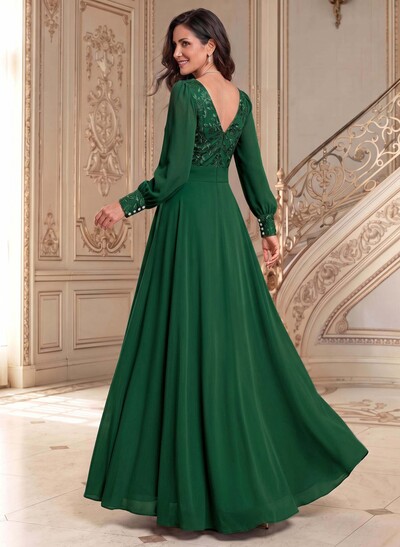 Elegant A-Line V-Neck Long Sleeves Floor-Length Chiffon Mother Of The Bride Dresses