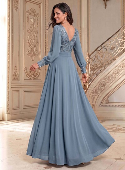 Elegant A-Line V-Neck Long Sleeves Floor-Length Chiffon Mother Of The Bride Dresses