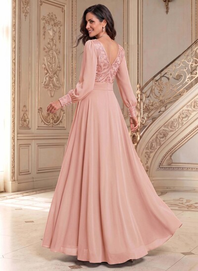 Elegant A-Line V-Neck Long Sleeves Floor-Length Chiffon Mother Of The Bride Dresses
