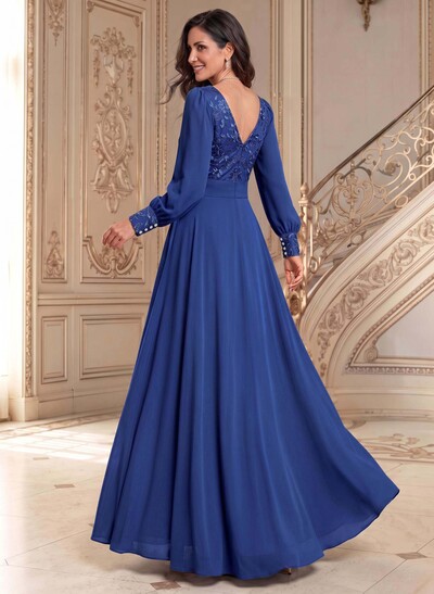 Elegant A-Line V-Neck Long Sleeves Floor-Length Chiffon Mother Of The Bride Dresses