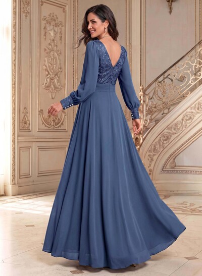Elegant A-Line V-Neck Long Sleeves Floor-Length Chiffon Mother Of The Bride Dresses
