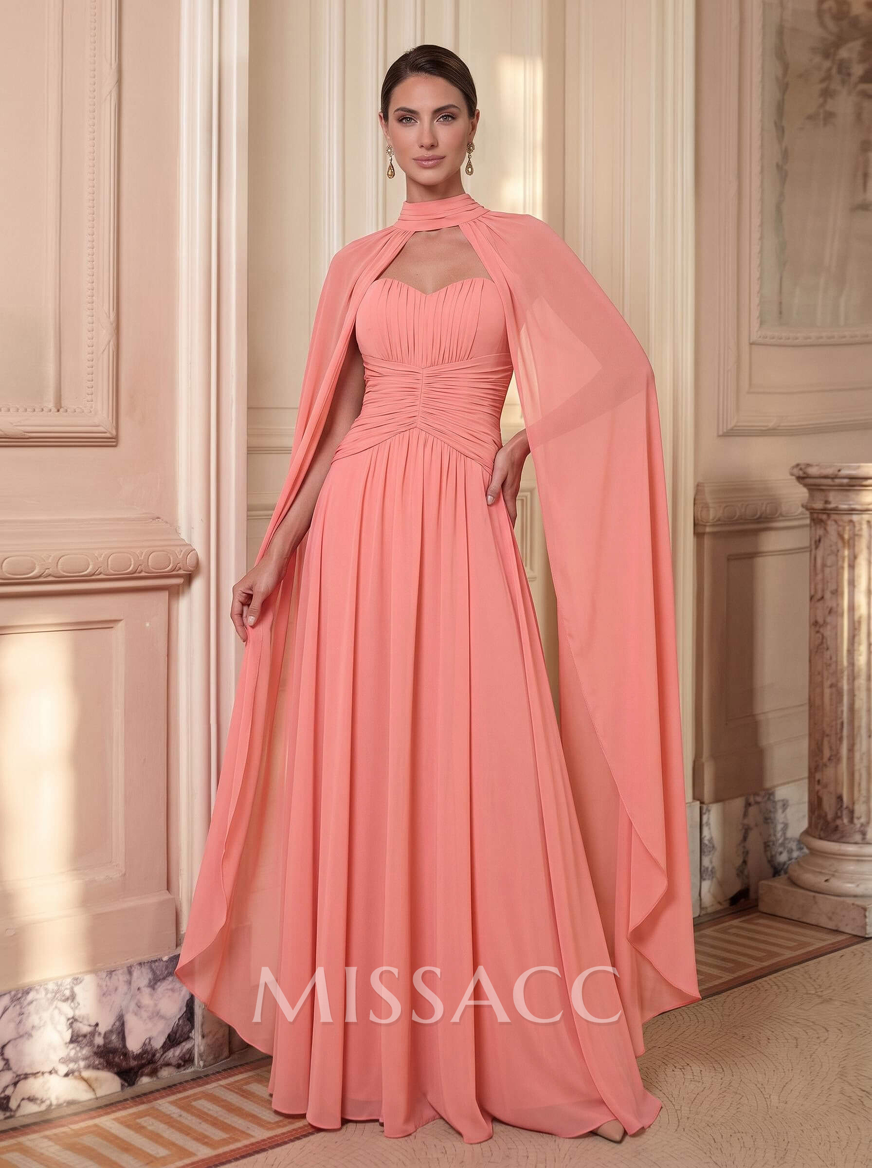 A-Line Sweetheart Cape Sleeves Floor-Length Chiffon Mother Of The Bride Dresses