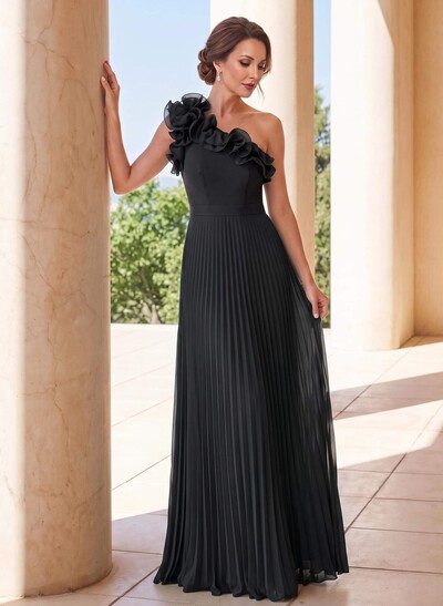 A-Line One-Shoulder Sleeveless Maxi Chiffon Mother of the Bride Dress with Pleats & Flowers