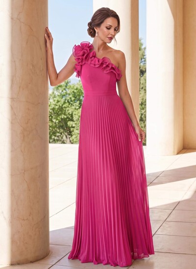 A-Line One-Shoulder Sleeveless Maxi Chiffon Mother of the Bride Dress with Pleats & Flowers