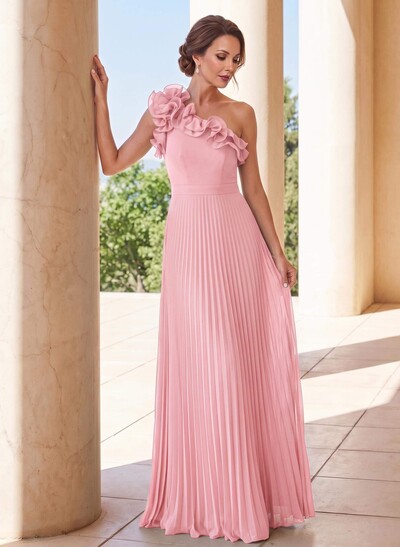 A-Line One-Shoulder Sleeveless Floor-Length Chiffon Mother Of The Bride Dresses With Pleated/Flower(s)