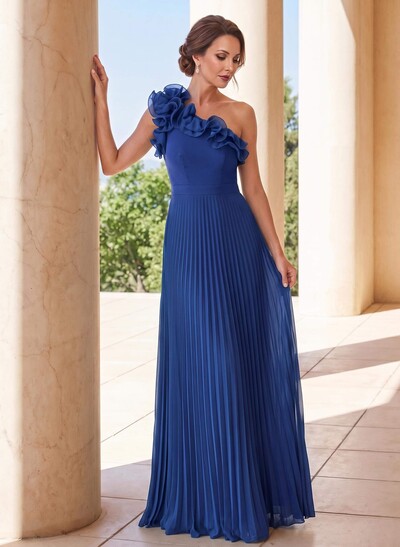 A-Line One-Shoulder Sleeveless Floor-Length Chiffon Mother Of The Bride Dresses With Pleated/Flower(s)