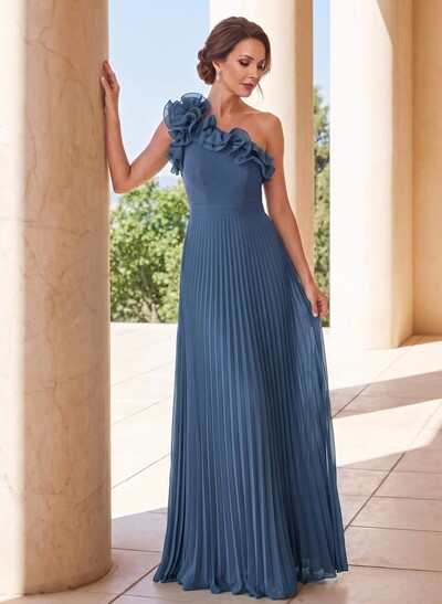 A-Line One-Shoulder Sleeveless Floor-Length Chiffon Mother of the Bride Dress with Pleating & Flowers