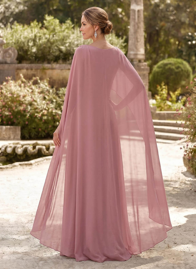 Elegant A-Line Scoop Neck Cape Sleeves Floor-Length Chiffon Mother Of The Bride Dresses