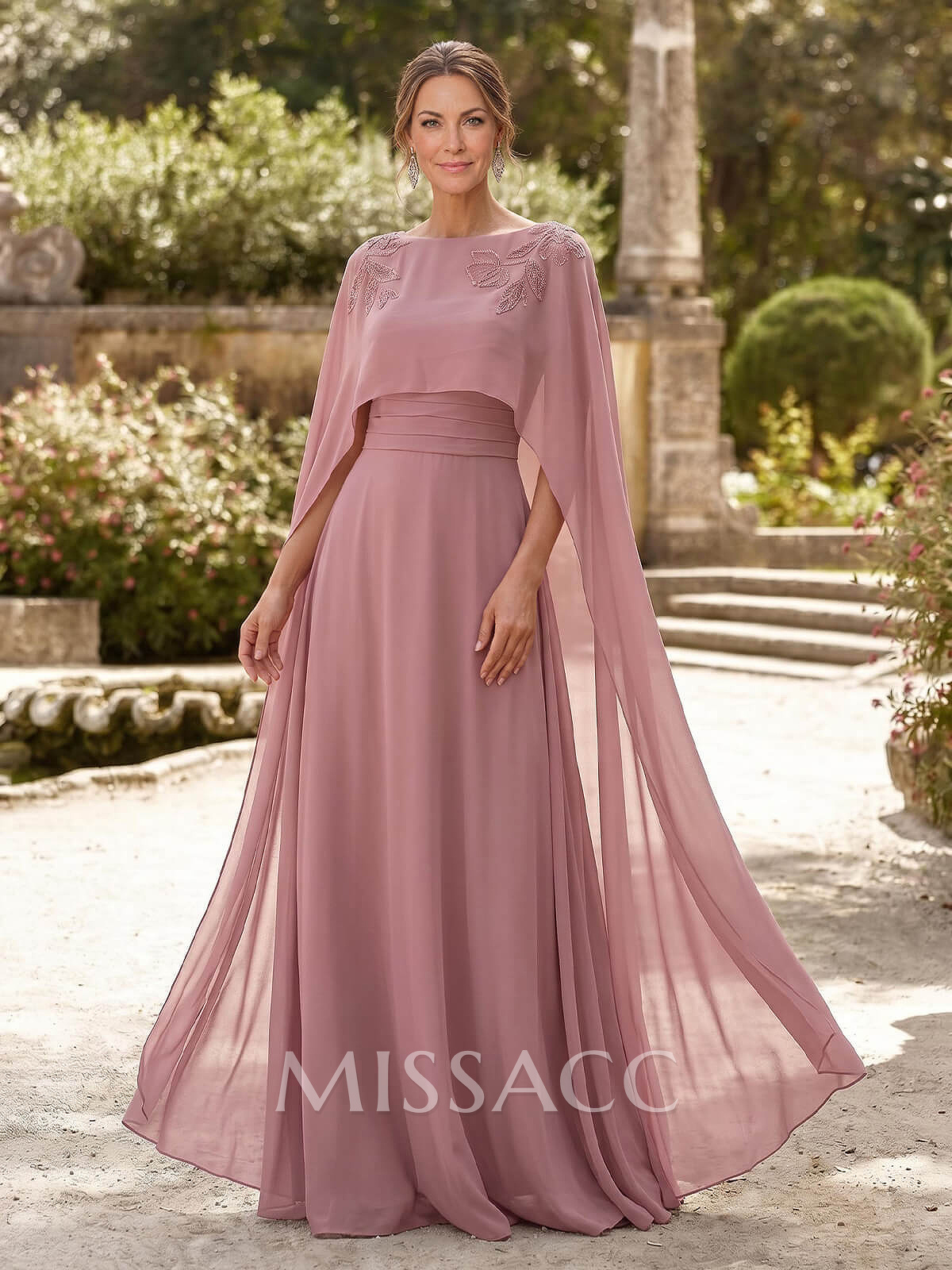 Elegant A-Line Scoop Neck Cape Sleeves Floor-Length Chiffon Mother Of The Bride Dresses