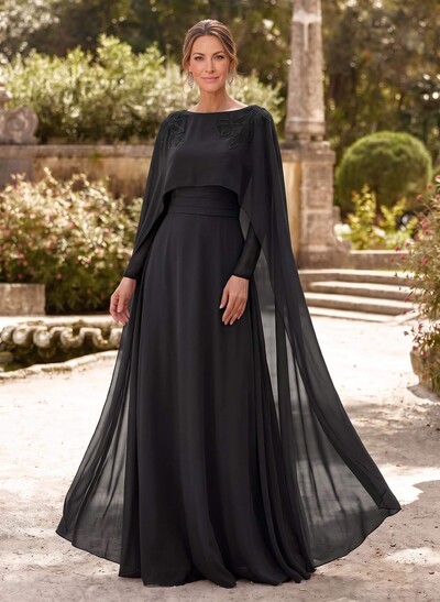 Elegant A-Line Scoop Neck Cape Sleeves Floor-Length Chiffon Mother Of The Bride Dresses