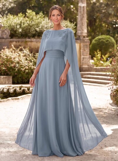 Elegant A-Line Scoop Neck Cape Sleeves Floor-Length Chiffon Mother Of The Bride Dresses