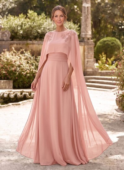 Elegant A-Line Scoop Neck Cape Sleeves Floor-Length Chiffon Mother Of The Bride Dresses