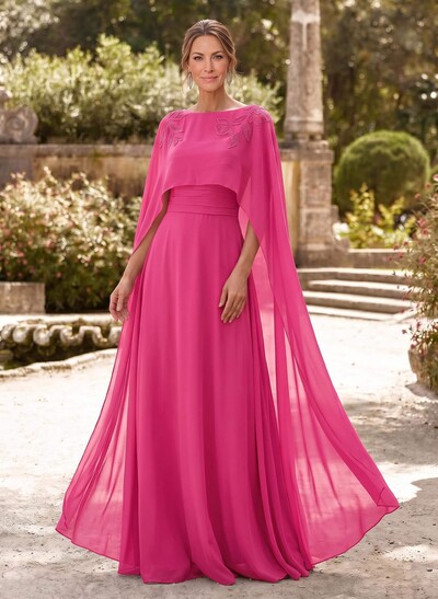 Elegant A-Line Scoop Neck Cape Sleeve Floor-Length Chiffon Mother of the Bride Dresses