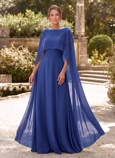 Elegant A-Line Scoop Neck Cape Sleeves Floor-Length Chiffon Mother Of The Bride Dresses