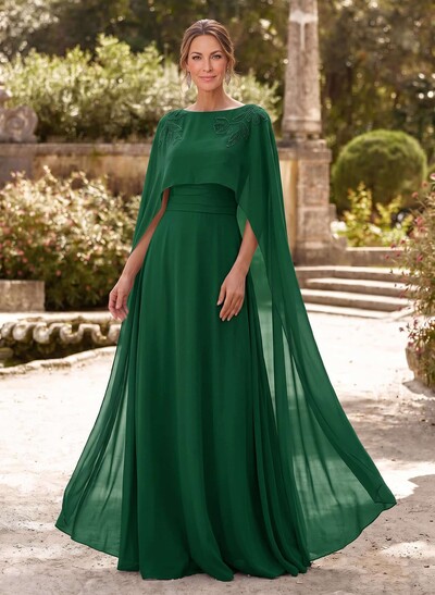 Elegant A-Line Scoop Neck Cape Sleeves Floor-Length Chiffon Mother Of The Bride Dresses