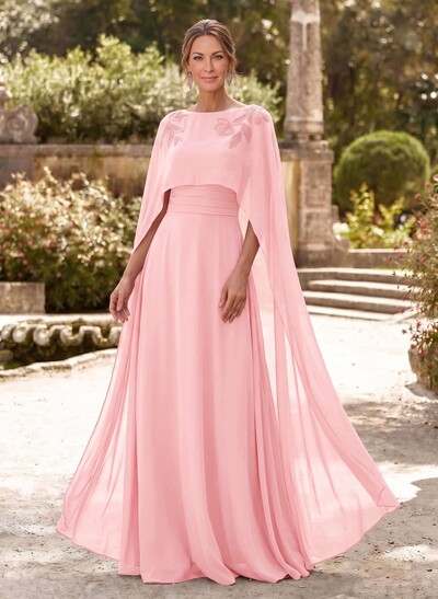 Elegant A-Line Scoop Neck Cape Sleeves Floor-Length Chiffon Mother Of The Bride Dresses