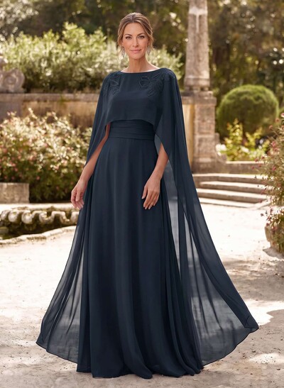 Elegant A-Line Scoop Neck Cape Sleeves Floor-Length Chiffon Mother Of The Bride Dresses