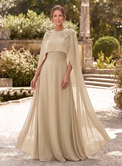 Elegant A-Line Scoop Neck Cape Sleeves Floor-Length Chiffon Mother Of The Bride Dresses