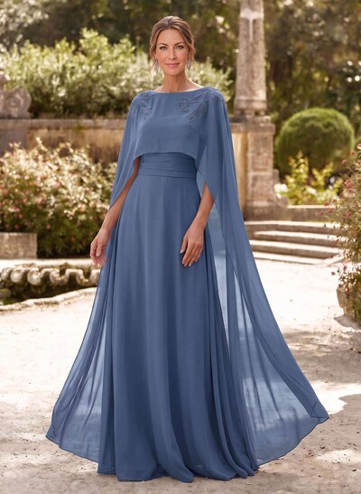 Elegant A-Line Scoop Neck Cape Sleeves Floor-Length Chiffon Mother Of The Bride Dresses