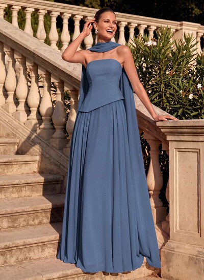 A-Line Strapless Sleeveless Chiffon Mother Of The Bride Dresses With Sweep Train