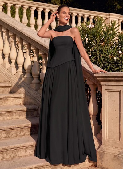 A-Line Strapless Sleeveless Chiffon Mother Of The Bride Dresses With Sweep Train