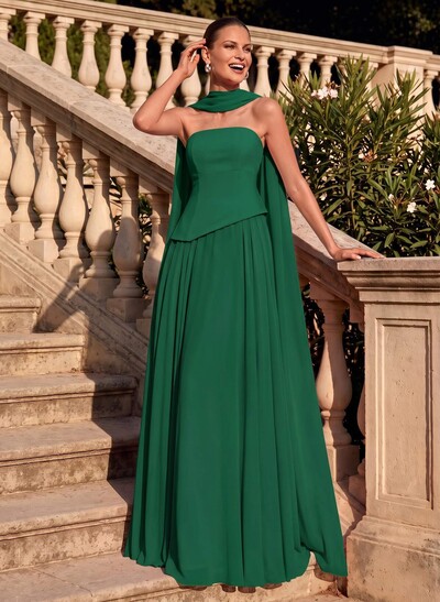 A-Line Strapless Sleeveless Sweep Train Chiffon Mother Of The Bride Dresses