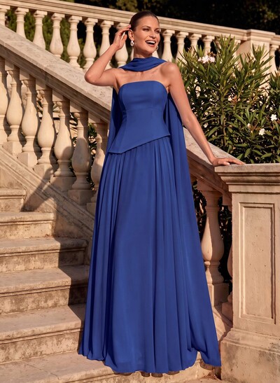 A-Line Strapless Sleeveless Sweep Train Chiffon Mother Of The Bride Dresses