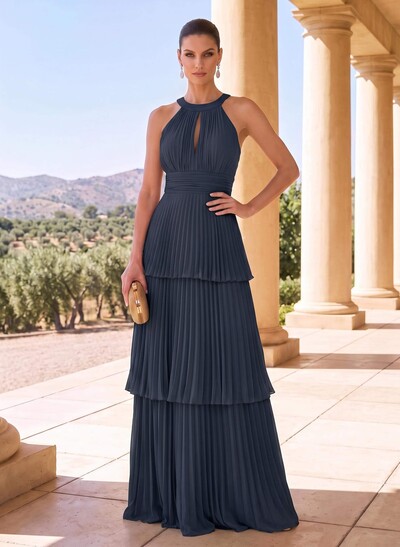 A-Line Halter Floor-Length Chiffon Mother Of The Bride Dresses With Pleated/Back Hole/Tiered