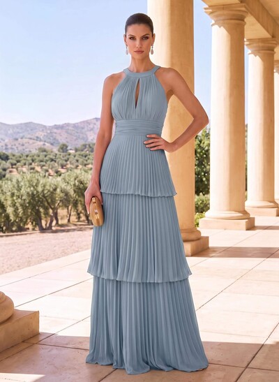 A-Line Halter Floor-Length Chiffon Mother Of The Bride Dresses With Pleated/Back Hole/Tiered