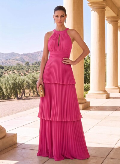 A-Line Halter Maxi Chiffon Mother Of The Bride Dresses With Pleats, Keyhole Back And Tiered Design