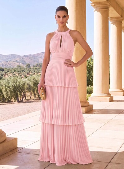 A-Line Halter Floor-Length Chiffon Mother Of The Bride Dresses With Pleated/Back Hole/Tiered