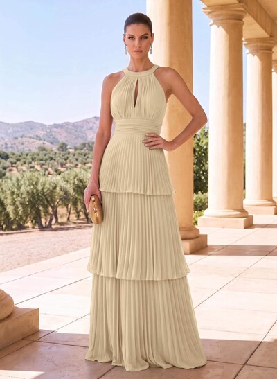 A-Line Halter Floor-Length Chiffon Mother Of The Bride Dresses With Pleated/Back Hole/Tiered