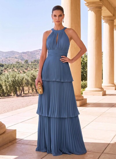 A-Line Halter Floor-Length Chiffon Mother Of The Bride Dresses With Pleated/Back Hole/Tiered