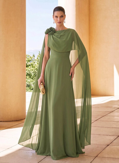 Sheath/Column Scoop Neck Cape Sleeves Sweep Train Chiffon Mother Of The Bride Dresses With Flower(s)