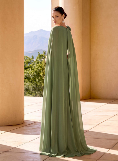 Sheath/Column Scoop Neck Cape Sleeves Sweep Train Chiffon Mother Of The Bride Dresses With Flower(s)
