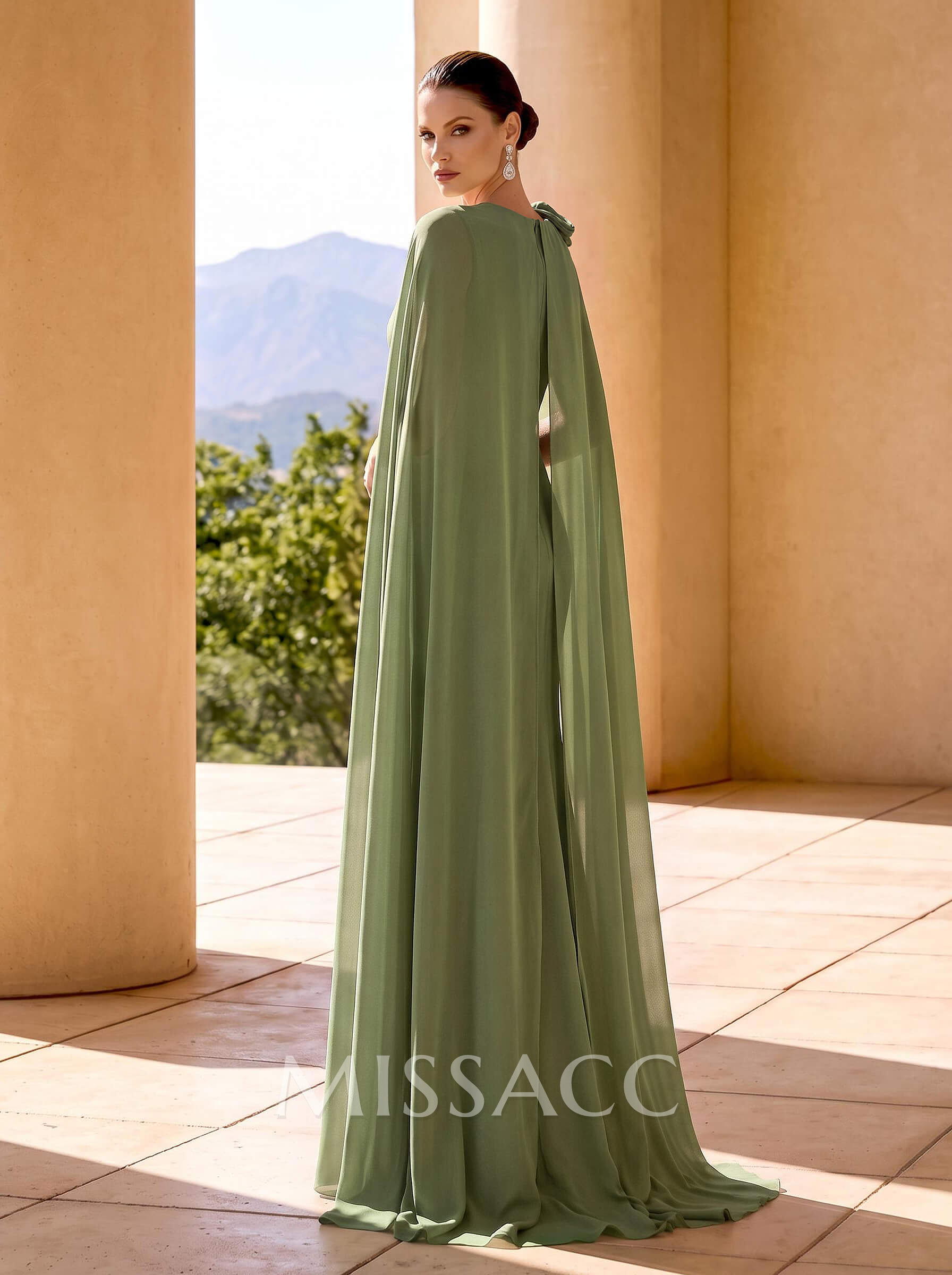 Sheath/Column Scoop Neck Cape Sleeves Sweep Train Chiffon Mother Of The Bride Dresses With Flower(s)