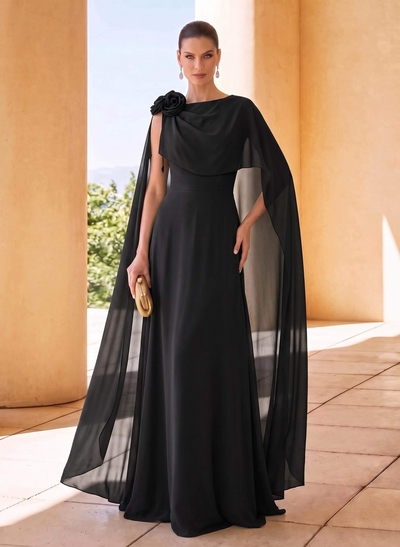 Sheath Scoop Neck Chiffon Mother of the Bride Dress featuring Cape Sleeves, Sweep Train & Floral Details