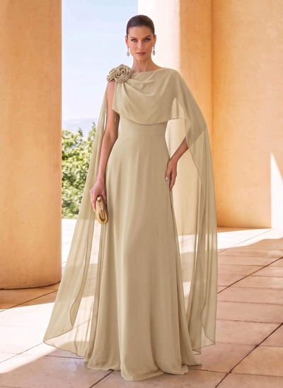 Sheath/Column Scoop Neck Cape Sleeves Sweep Train Chiffon Mother Of The Bride Dresses With Flower(s)