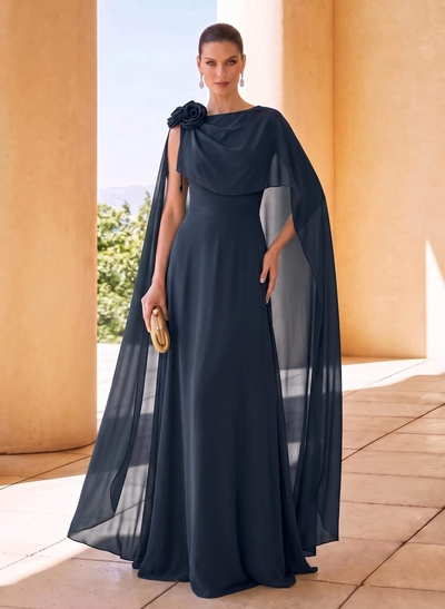 Sheath/Column Scoop Neck Cape Sleeves Sweep Train Chiffon Mother Of The Bride Dresses With Flower(s)