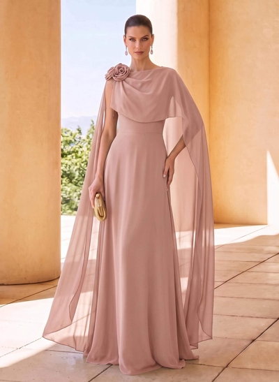 Sheath/Column Scoop Neck Cape Sleeves Sweep Train Chiffon Mother Of The Bride Dresses With Flower(s)