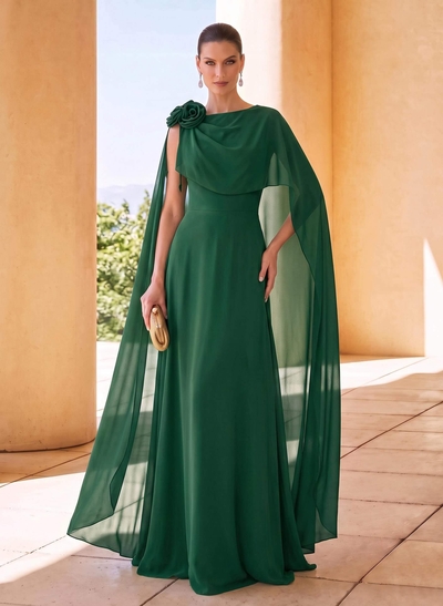 Sheath/Column Scoop Neck Cape Sleeves Sweep Train Chiffon Mother Of The Bride Dresses With Flower(s)