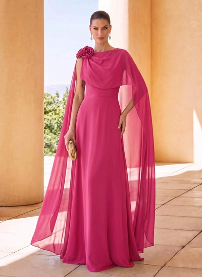 Sheath Scoop Neck Chiffon Mother of the Bride Dress featuring Cape Sleeves, Sweep Train & Floral Details