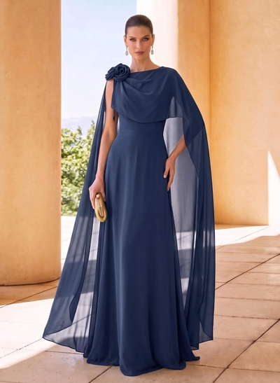 Sheath/Column Scoop Neck Cape Sleeves Sweep Train Chiffon Mother Of The Bride Dresses With Flower(s)