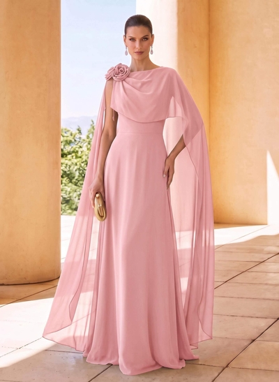 Sheath/Column Scoop Neck Cape Sleeves Sweep Train Chiffon Mother Of The Bride Dresses With Flower(s)