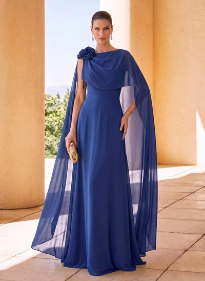 Sheath/Column Scoop Neck Cape Sleeves Sweep Train Chiffon Mother Of The Bride Dresses With Flower(s)