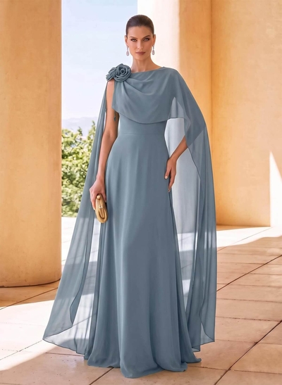 Sheath/Column Scoop Neck Cape Sleeves Sweep Train Chiffon Mother Of The Bride Dresses With Flower(s)