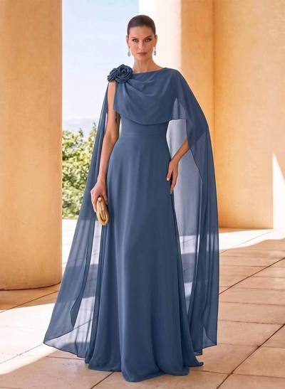 Sheath/Column Scoop Neck Cape Sleeves Sweep Train Chiffon Mother Of The Bride Dresses With Flower(s)